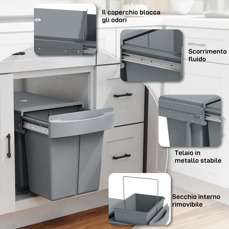 Pattumiera Estraibile Sottolavello per Differenziata 52x33.5x41 cm con 2 Secchi da 20L In PP e ABS Grigio
