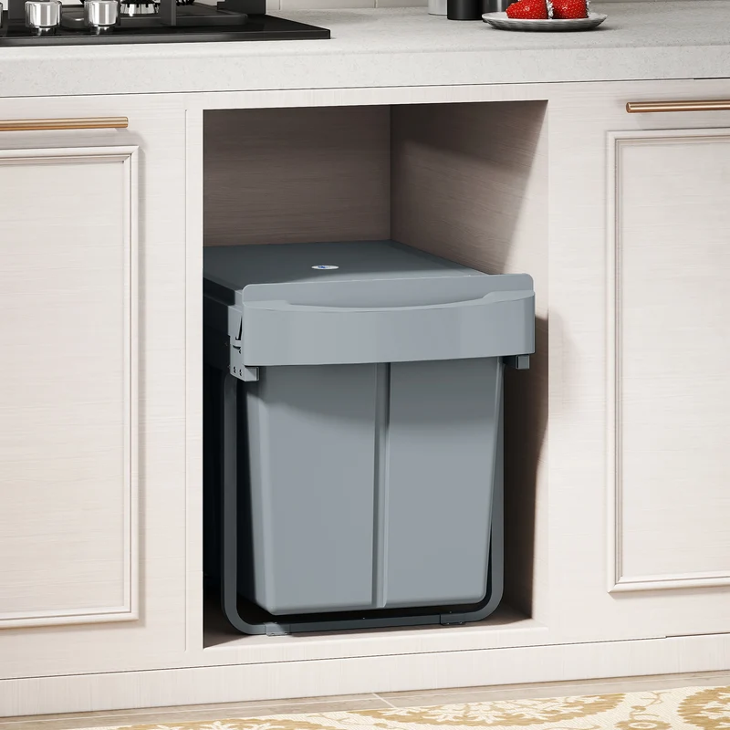 Pattumiera Estraibile Sottolavello per Differenziata 52x33.5x41 cm con 2 Secchi da 20L In PP e ABS Grigio