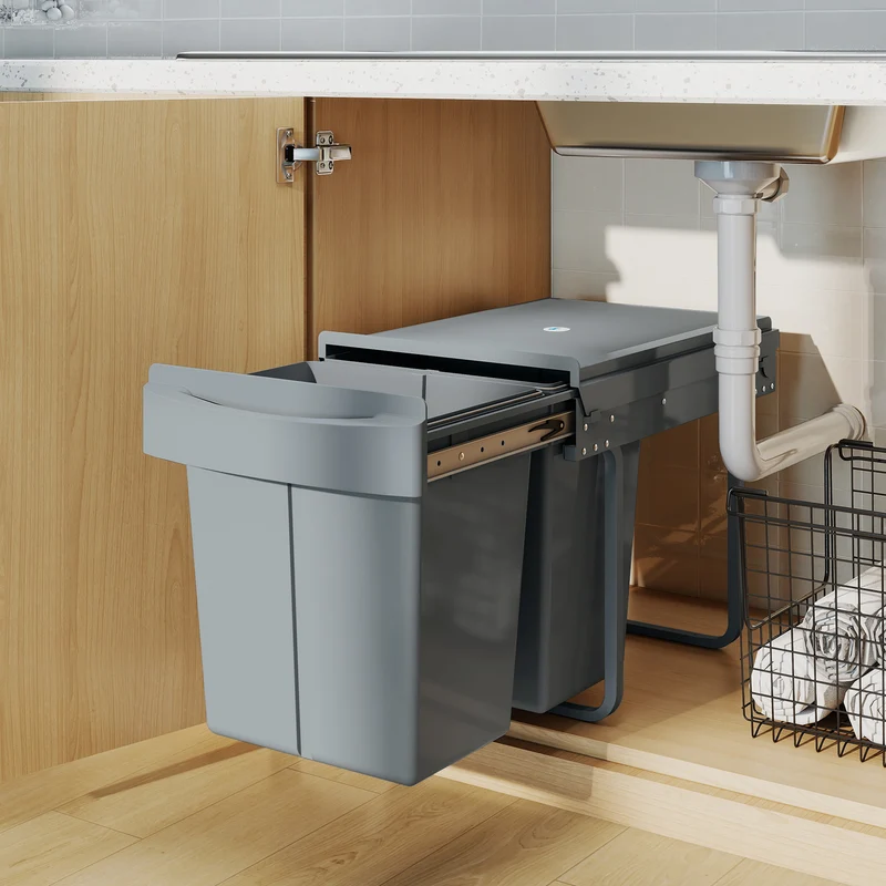 Pattumiera Estraibile Sottolavello per Differenziata 52x33.5x41 cm con 2 Secchi da 20L In PP e ABS Grigio