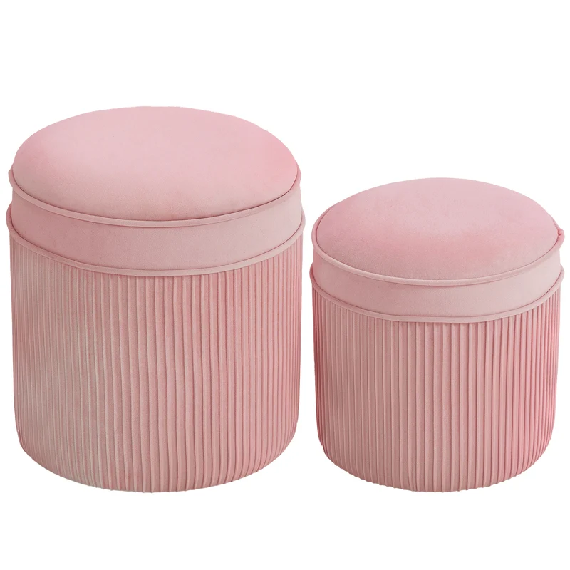 Set 2 Pouf Poggiapiedi Rotondi Impilabili Contenitore da 34.8L Imbottiti con Rivestimento in Velluto Rosa