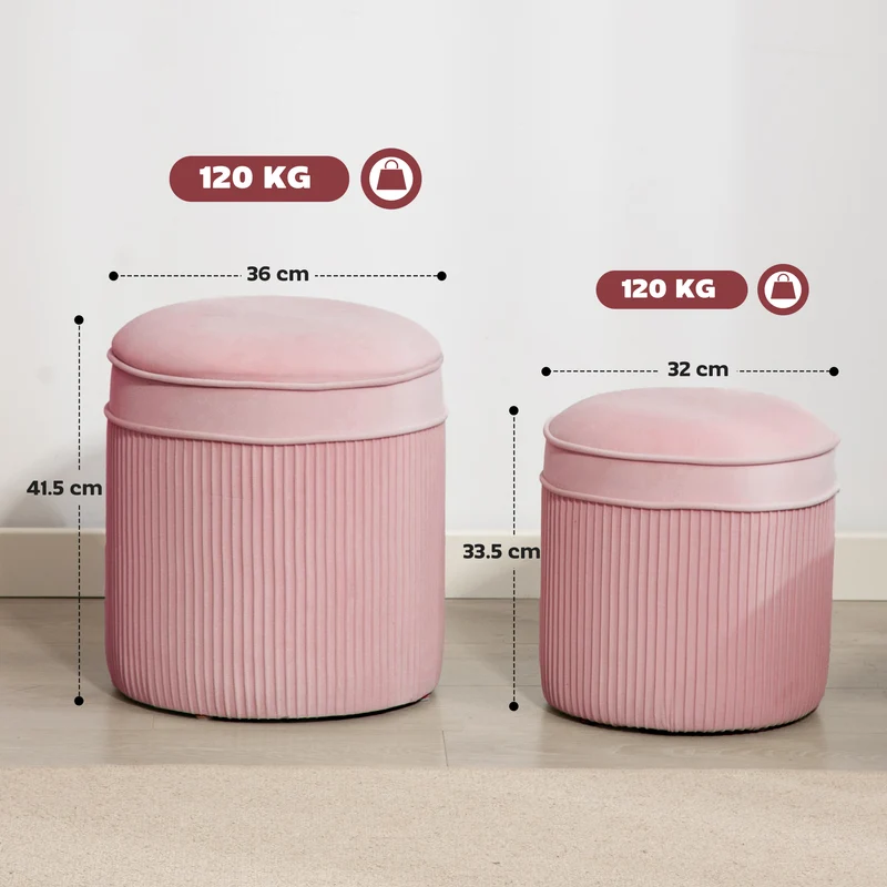 Set 2 Pouf Poggiapiedi Rotondi Impilabili Contenitore da 34.8L Imbottiti con Rivestimento in Velluto Rosa