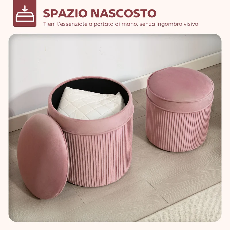 Set 2 Pouf Poggiapiedi Rotondi Impilabili Contenitore da 34.8L Imbottiti con Rivestimento in Velluto Rosa