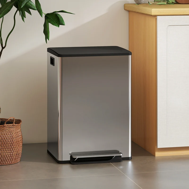 Pattumiera a Pedale con 2 Scomparti da 30L Coperchio Ammortizzato e Secchi Rimovibili in Acciaio Inox Argento