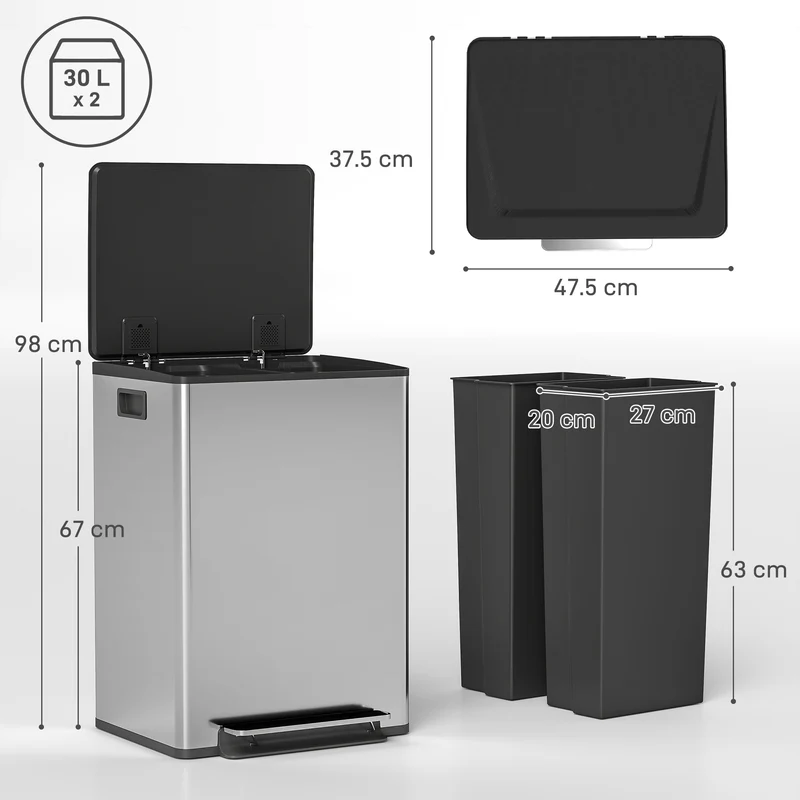 Pattumiera a Pedale con 2 Scomparti da 30L Coperchio Ammortizzato e Secchi Rimovibili in Acciaio Inox Argento