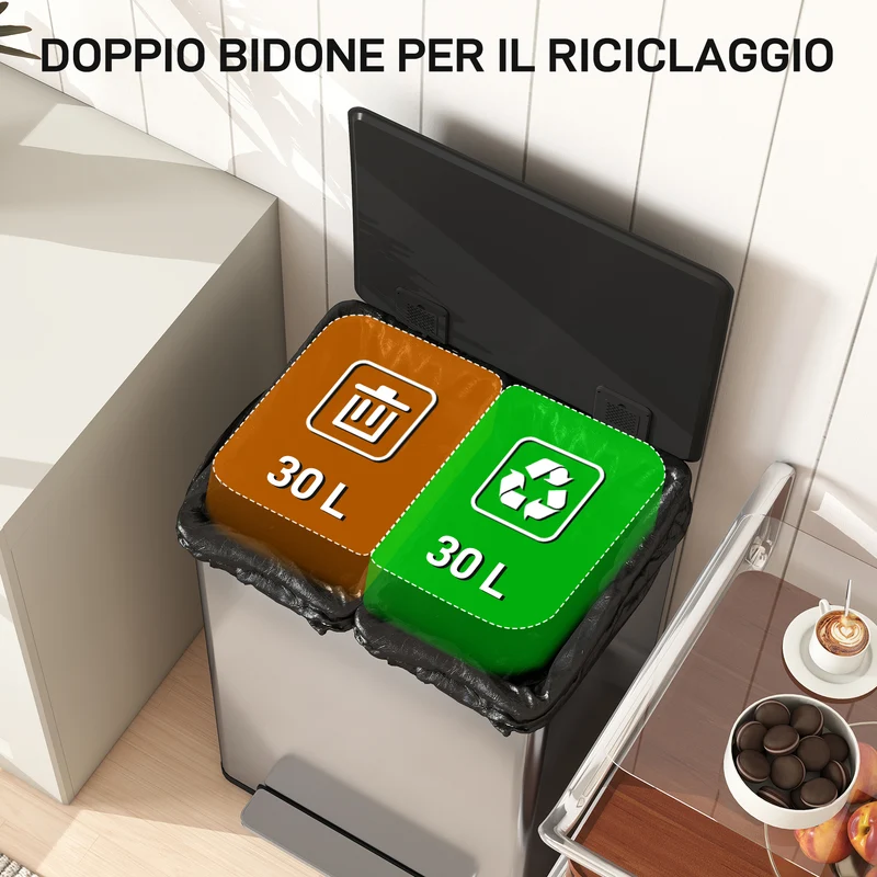 Pattumiera a Pedale con 2 Scomparti da 30L Coperchio Ammortizzato e Secchi Rimovibili in Acciaio Inox Argento