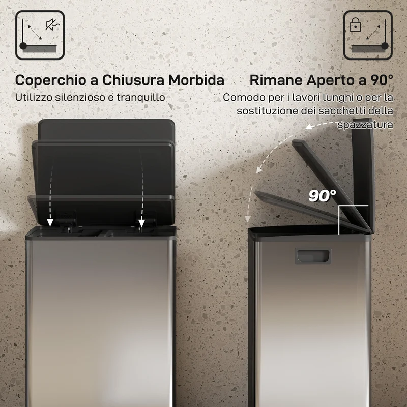 Pattumiera a Pedale con 2 Scomparti da 30L Coperchio Ammortizzato e Secchi Rimovibili in Acciaio Inox Argento