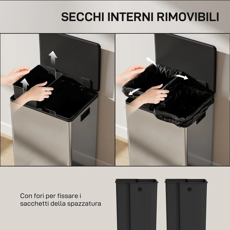 Pattumiera a Pedale con 2 Scomparti da 30L Coperchio Ammortizzato e Secchi Rimovibili in Acciaio Inox Argento