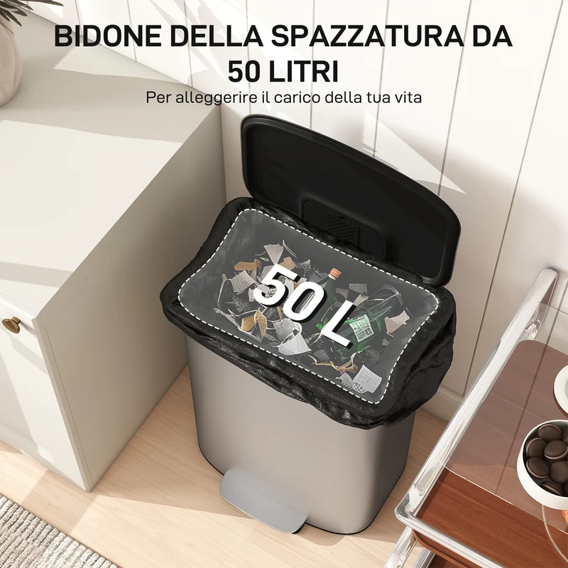 Pattumiera a Pedale da 50L con Coperchio Ammortizzato e Secchio Rimovibile in Acciaio Inox Grigio