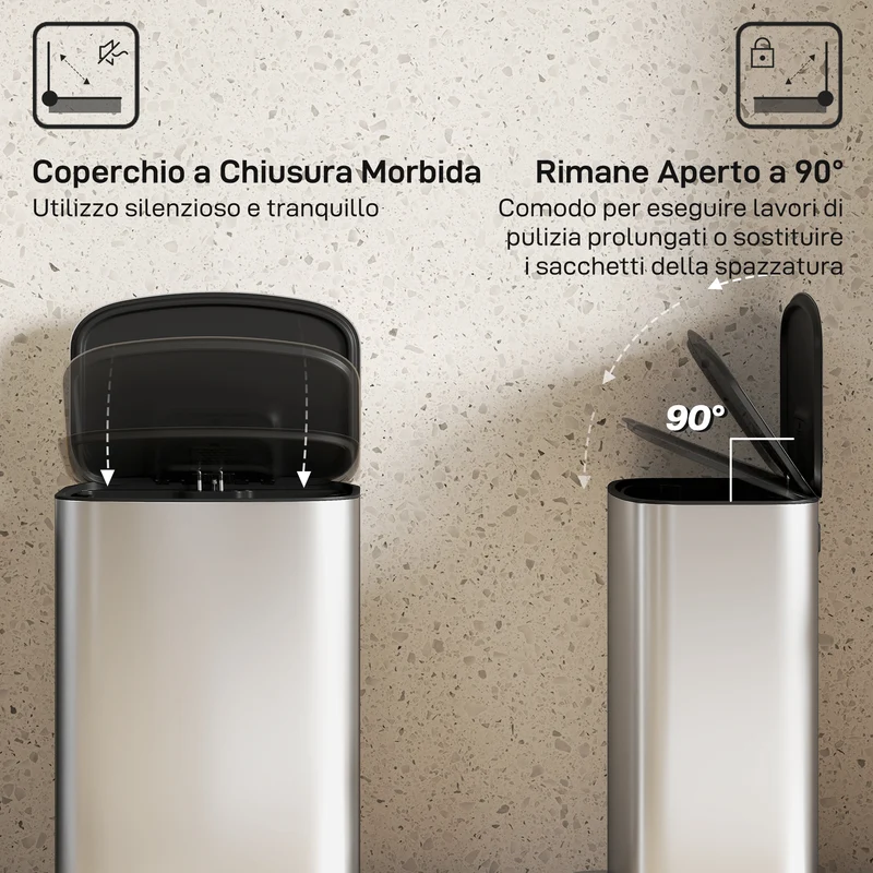 Pattumiera a Pedale da 50L con Coperchio Ammortizzato e Secchio Rimovibile in Acciaio Inox Grigio
