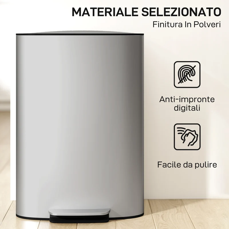 Pattumiera a Pedale da 50L con Coperchio Ammortizzato e Secchio Rimovibile in Acciaio Inox Grigio