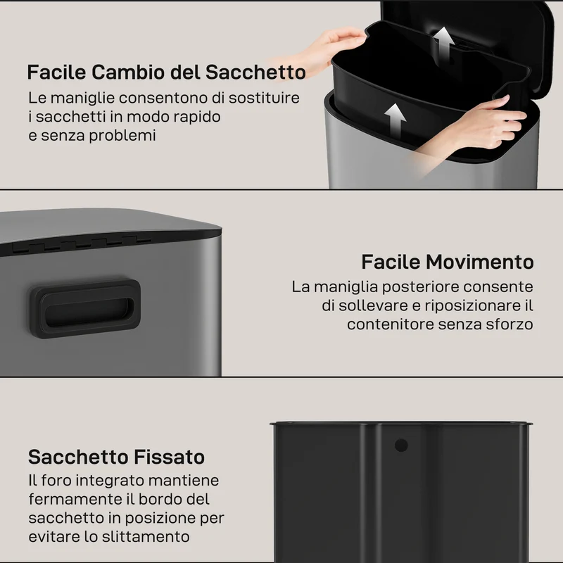 Pattumiera a Pedale da 50L con Coperchio Ammortizzato e Secchio Rimovibile in Acciaio Inox Grigio