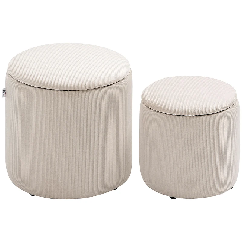 Set di 2 Pouf Contenitore Salvaspazio Rotondi e Imbottiti in Velluto a Coste Bianco