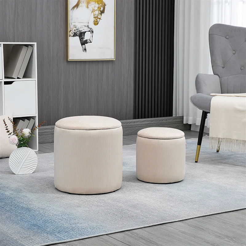 Set di 2 Pouf Contenitore Salvaspazio Rotondi e Imbottiti in Velluto a Coste Bianco