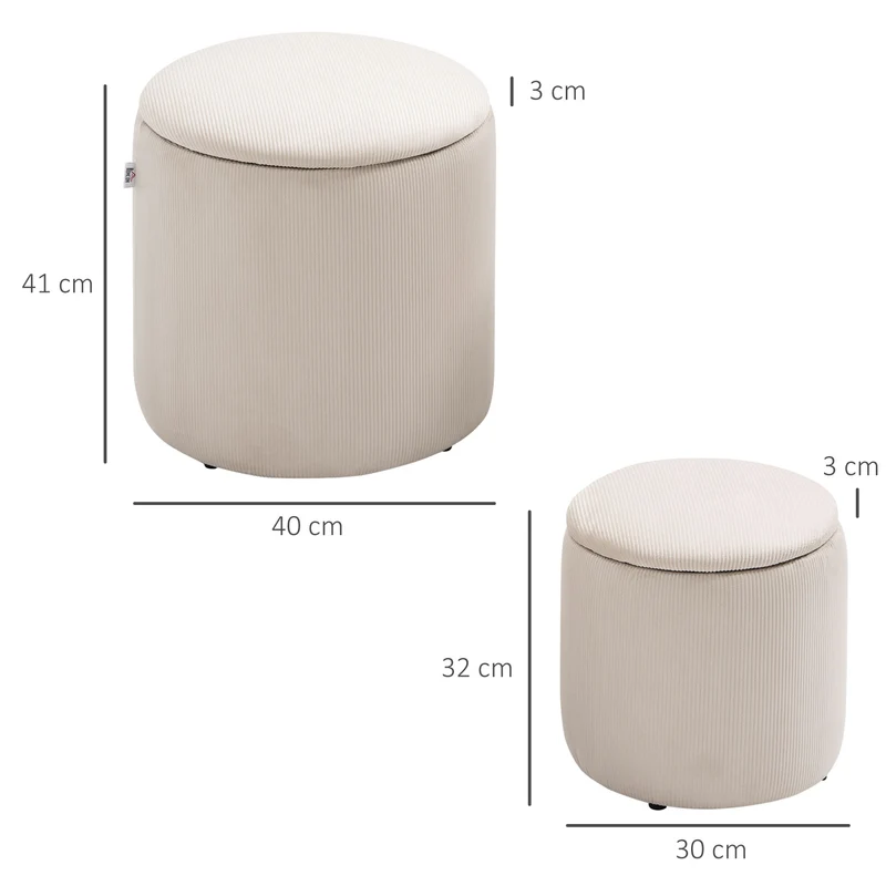 Set di 2 Pouf Contenitore Salvaspazio Rotondi e Imbottiti in Velluto a Coste Bianco