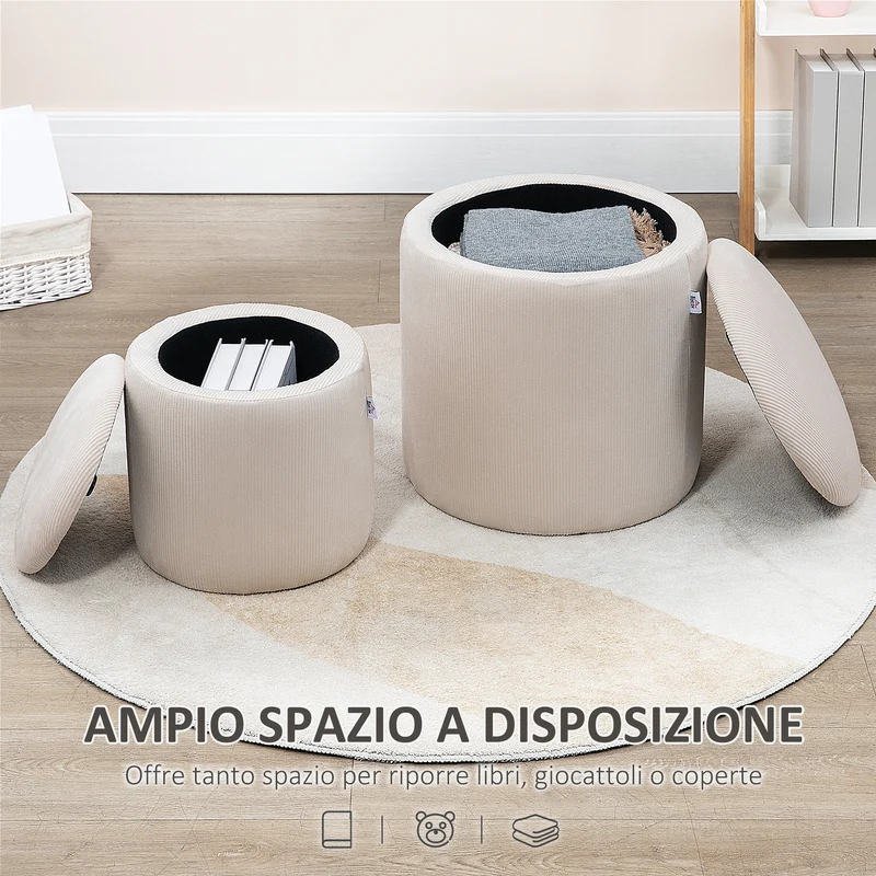 Set di 2 Pouf Contenitore Salvaspazio Rotondi e Imbottiti in Velluto a Coste Bianco