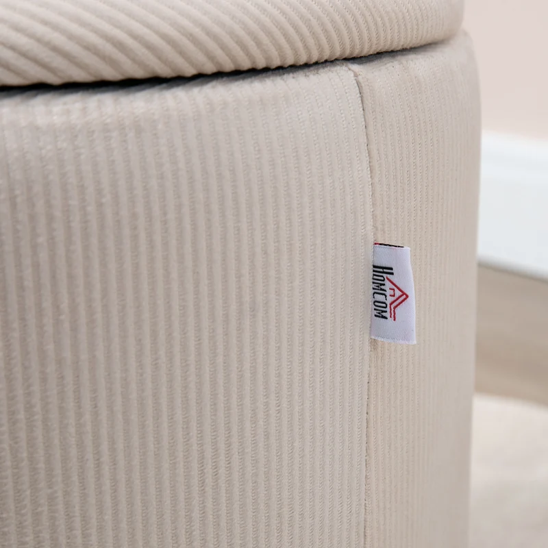 Set di 2 Pouf Contenitore Salvaspazio Rotondi e Imbottiti in Velluto a Coste Bianco