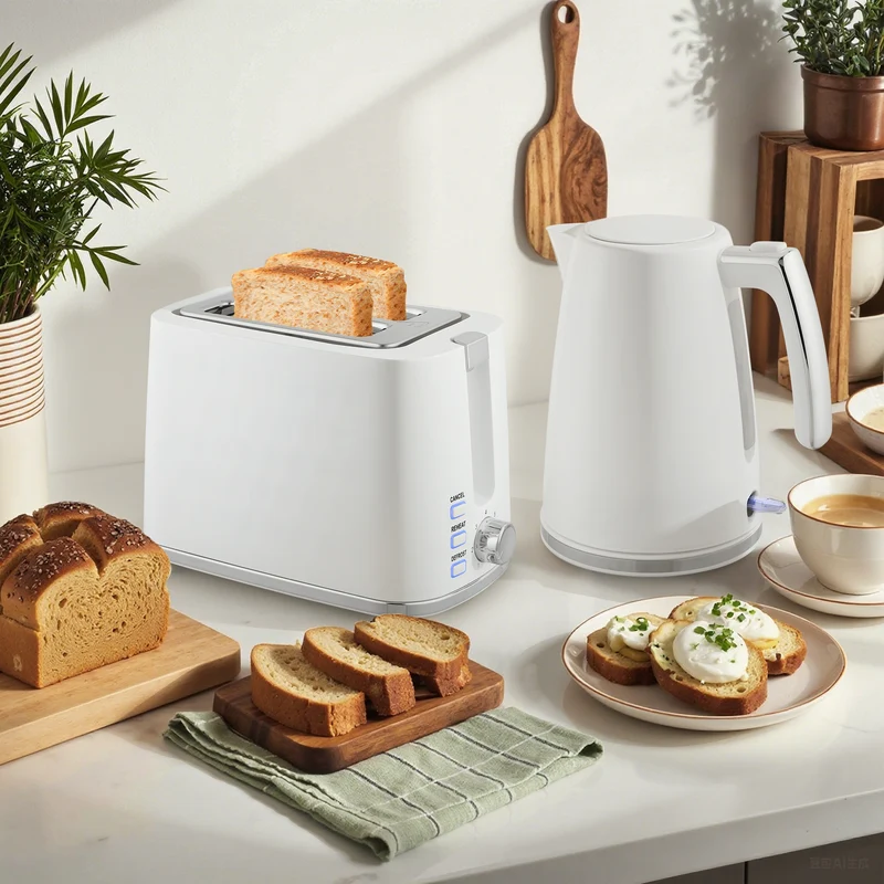 Set Bollitore Elettrico 2200W da 1,7L e Tostapane Doppio con 7 Livelli di Doratura Bianco