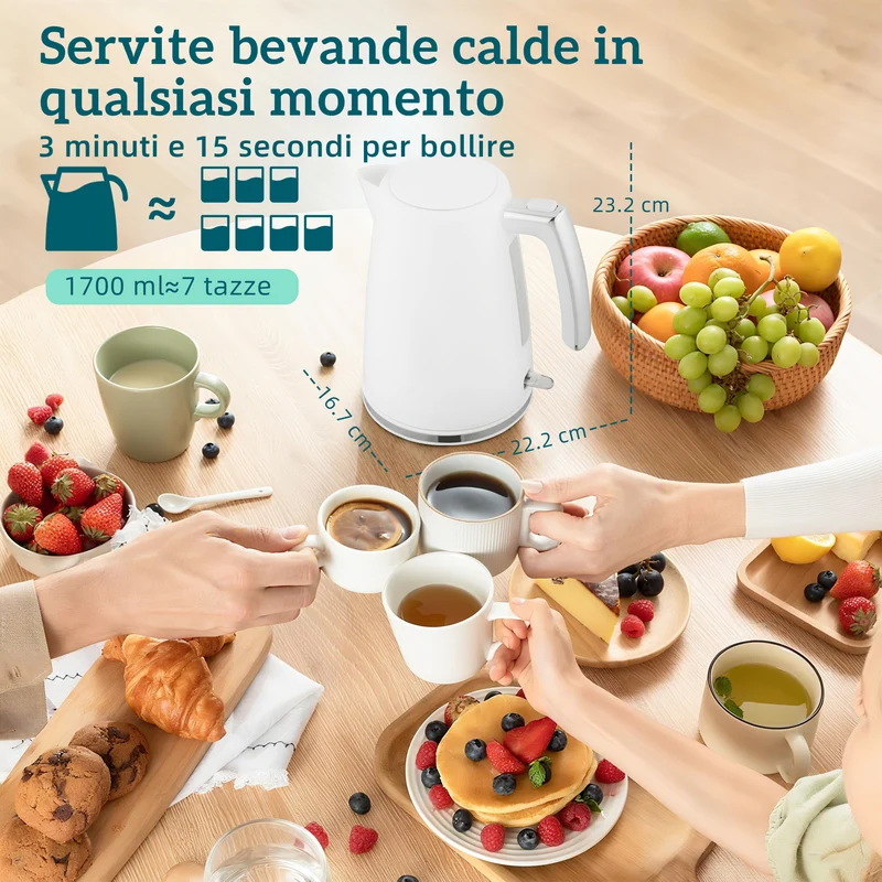 Set Bollitore Elettrico 2200W da 1,7L e Tostapane Doppio con 7 Livelli di Doratura Bianco