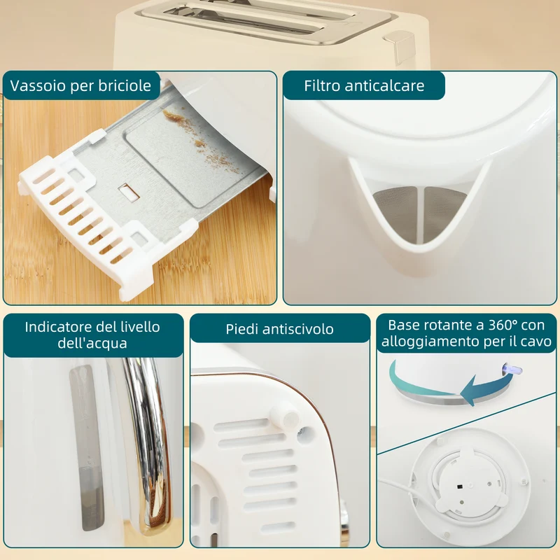 Set Bollitore Elettrico 2200W da 1,7L e Tostapane Doppio con 7 Livelli di Doratura Bianco
