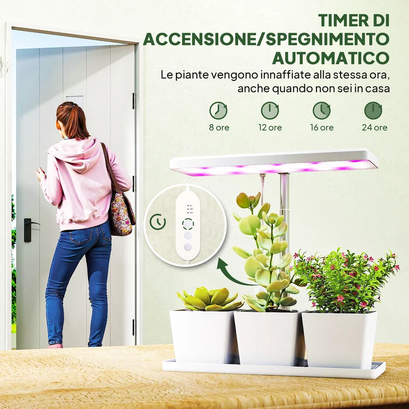 Lampada per Piante da Interno con 3 Vasi Autoirriganti Timer e 5 Livelli Bianco