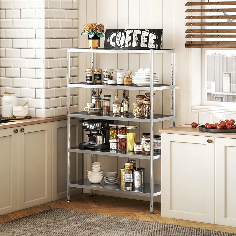 Scaffale da Cucina a 5 Livelli Regolabili 91x40x139 cm in Acciaio Inox Argento