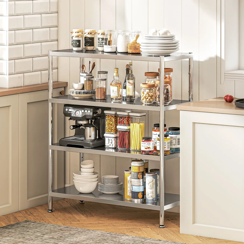 Scaffale da Cucina a 4 Livelli Regolabili 91x40x108 cm in Acciaio Inox Argento