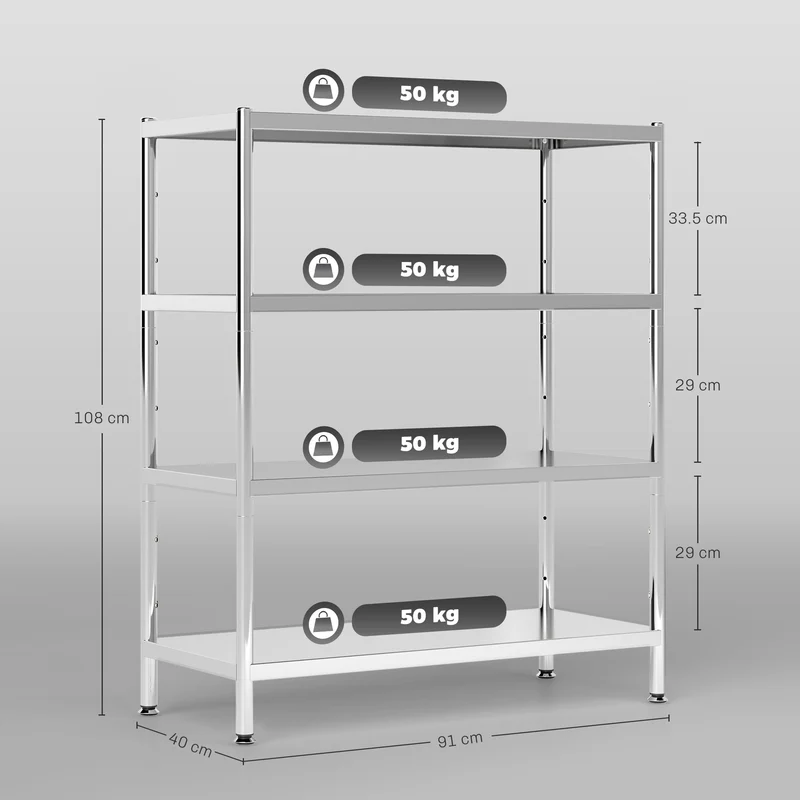 Scaffale da Cucina a 4 Livelli Regolabili 91x40x108 cm in Acciaio Inox Argento