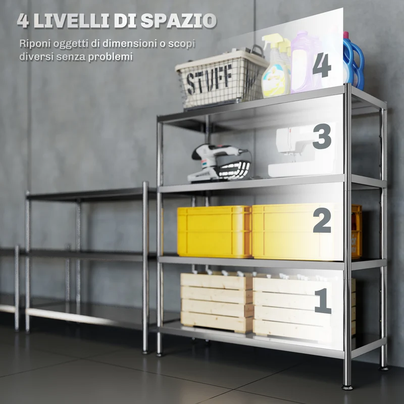 Scaffale da Cucina a 4 Livelli Regolabili 91x40x108 cm in Acciaio Inox Argento