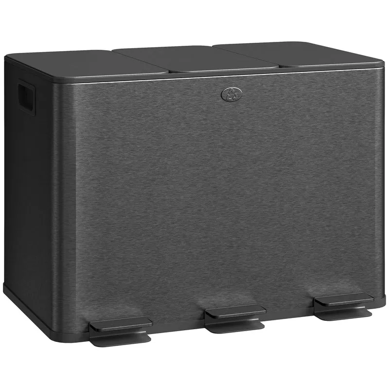 Pattumiera a 3 Sezioni da 20L 61,9x36,6x56,7 cm con Coperchio Silenzioso in Acciaio Inox e PP Nero