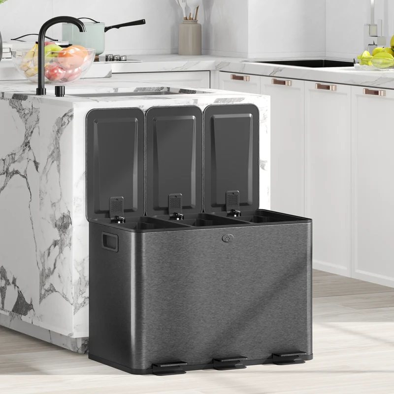 Pattumiera a 3 Sezioni da 20L 61,9x36,6x56,7 cm con Coperchio Silenzioso in Acciaio Inox e PP Nero