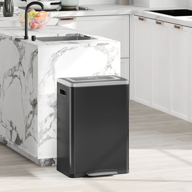 Pattumiera a 2 Sezioni da 20L 40x34,8x59 cm con Coperchio Silenzioso in Acciaio Inox e PP Nero