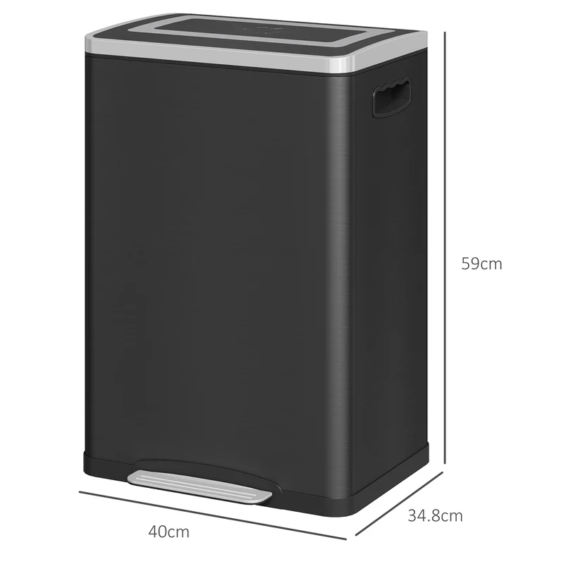 Pattumiera a 2 Sezioni da 20L 40x34,8x59 cm con Coperchio Silenzioso in Acciaio Inox e PP Nero
