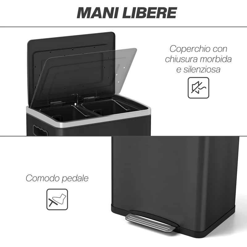Pattumiera a 2 Sezioni da 20L 40x34,8x59 cm con Coperchio Silenzioso in Acciaio Inox e PP Nero