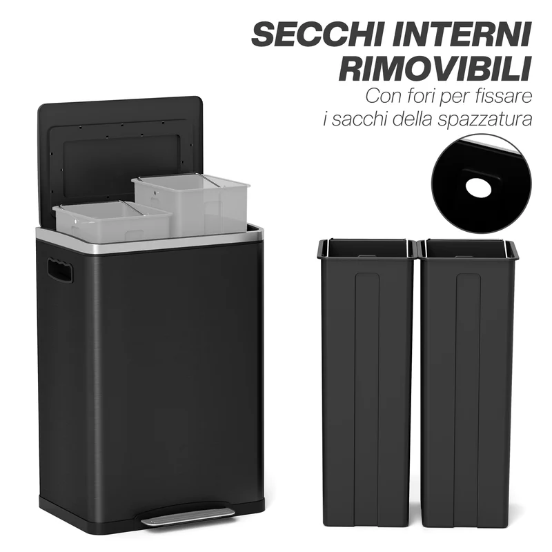 Pattumiera a 2 Sezioni da 20L 40x34,8x59 cm con Coperchio Silenzioso in Acciaio Inox e PP Nero
