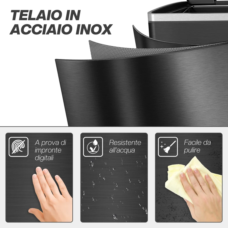 Pattumiera a 2 Sezioni da 20L 40x34,8x59 cm con Coperchio Silenzioso in Acciaio Inox e PP Nero
