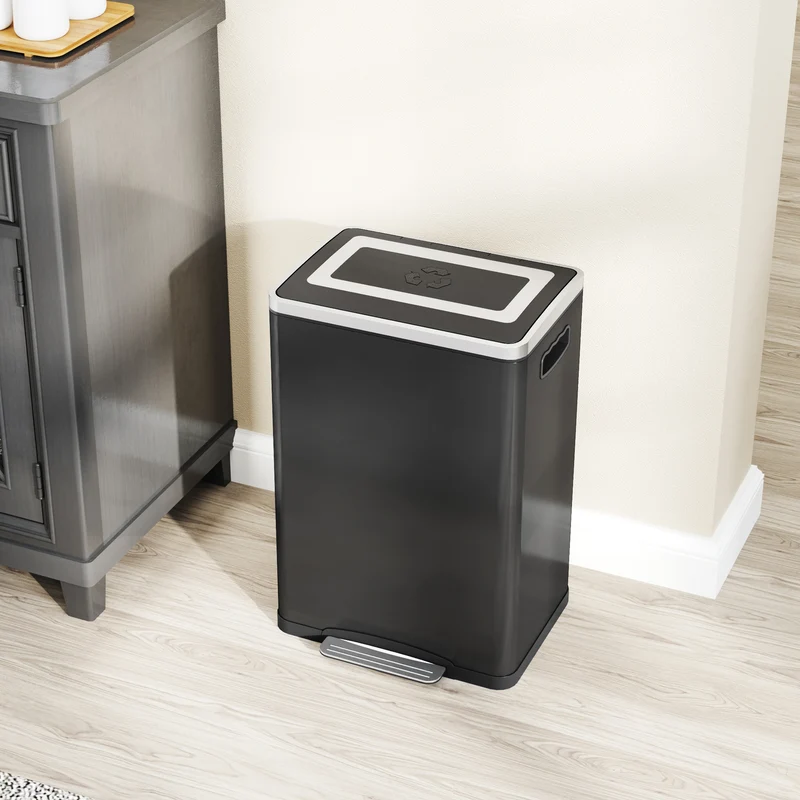 Pattumiera a 2 Sezioni da 20L 40x34,8x59 cm con Coperchio Silenzioso in Acciaio Inox e PP Nero