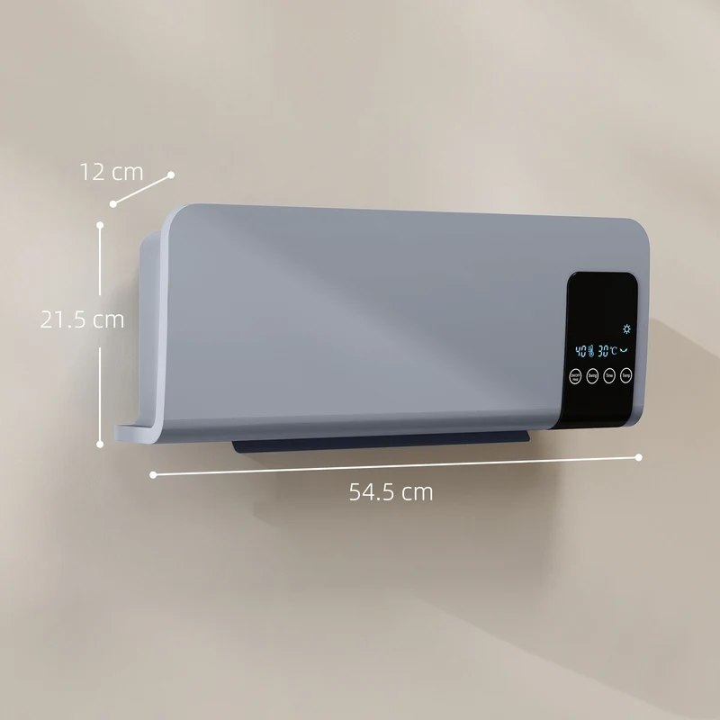 Termoventilatore da Parete Oscillante 54,5x12x21,5 cm 2 Modalità Timer 12h e Telecomando Grigio