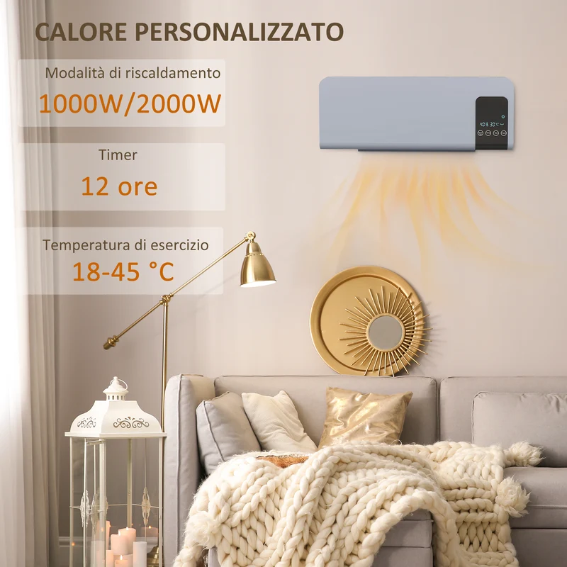 Termoventilatore da Parete Oscillante 54,5x12x21,5 cm 2 Modalità Timer 12h e Telecomando Grigio