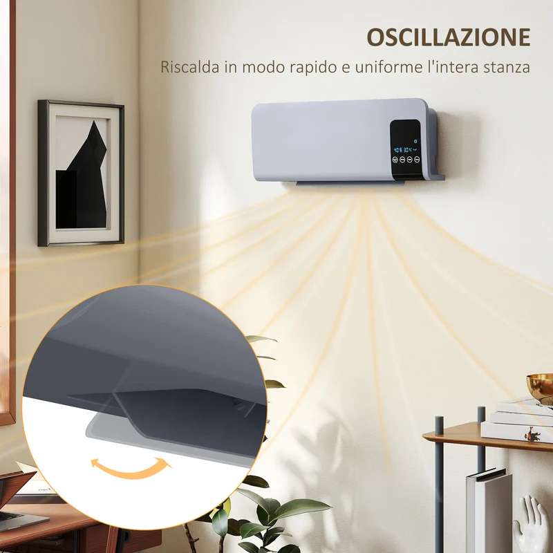 Termoventilatore da Parete Oscillante 54,5x12x21,5 cm 2 Modalità Timer 12h e Telecomando Grigio