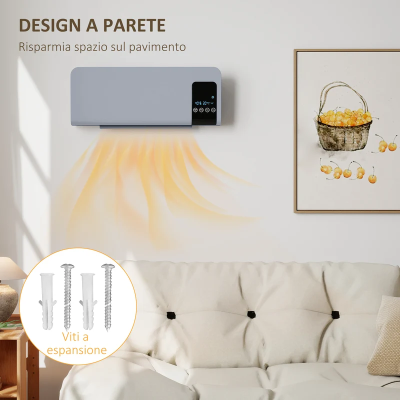 Termoventilatore da Parete Oscillante 54,5x12x21,5 cm 2 Modalità Timer 12h e Telecomando Grigio