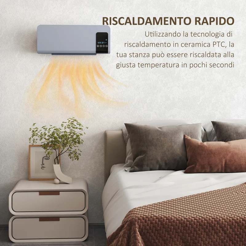 Termoventilatore da Parete Oscillante 54,5x12x21,5 cm 2 Modalità Timer 12h e Telecomando Grigio