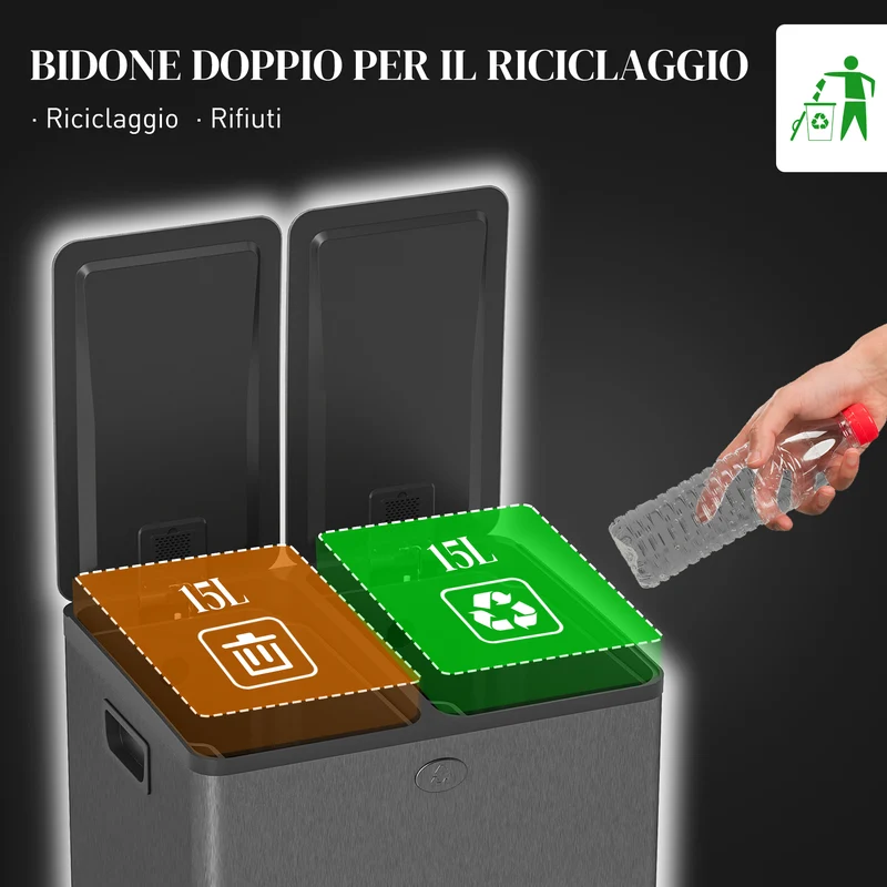 Pattumiera a 2 Sezioni da 15L 41,7x36,6x43,2 cm a Pedale con Chiusura Silenziosa in Acciaio Inox Argento