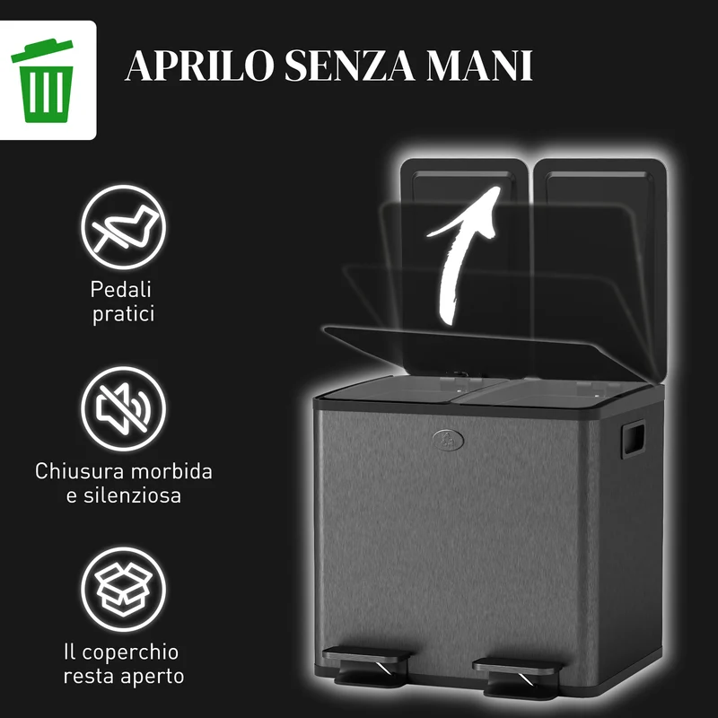 Pattumiera a 2 Sezioni da 15L 41,7x36,6x43,2 cm a Pedale con Chiusura Silenziosa in Acciaio Inox Argento