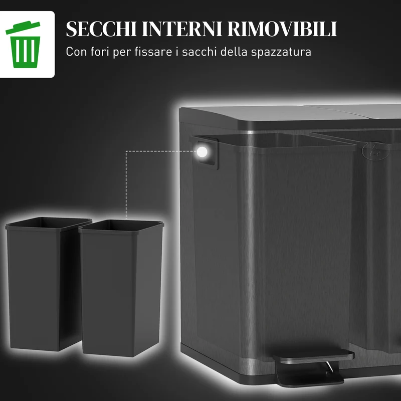 Pattumiera a 2 Sezioni da 15L 41,7x36,6x43,2 cm a Pedale con Chiusura Silenziosa in Acciaio Inox Argento