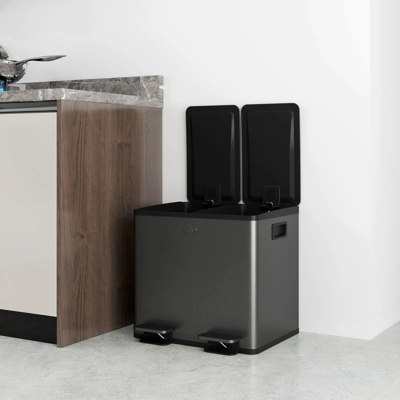 Pattumiera a 2 Sezioni da 15L 41,7x36,6x43,2 cm a Pedale con Chiusura Silenziosa in Acciaio Inox Argento