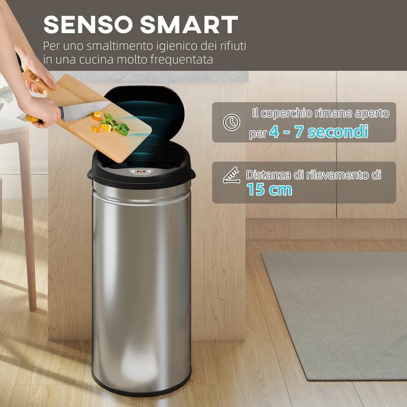Pattumiera da 42L 30,5x30,5x68 cm con Sensore di Movimento in Acciaio Inox