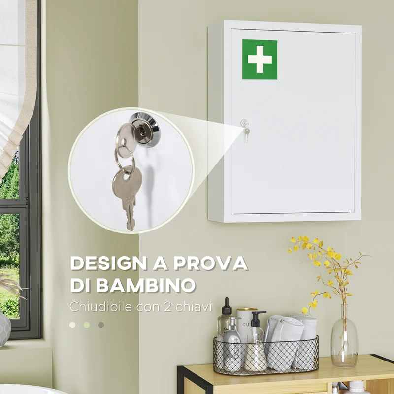 Armadietto Medicinali a 3 Ripiani 40x15x53,5 cm con Serratura e 2 Chiavi in Acciaio Bianco