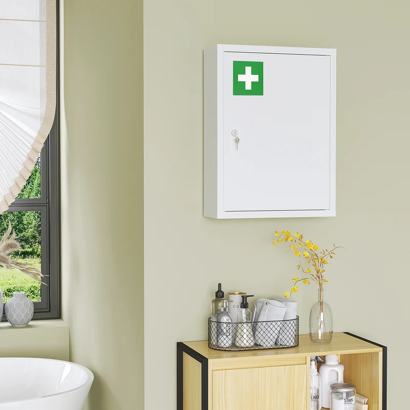 Armadietto Medicinali a 3 Ripiani 40x15x53,5 cm con Serratura e 2 Chiavi in Acciaio Bianco