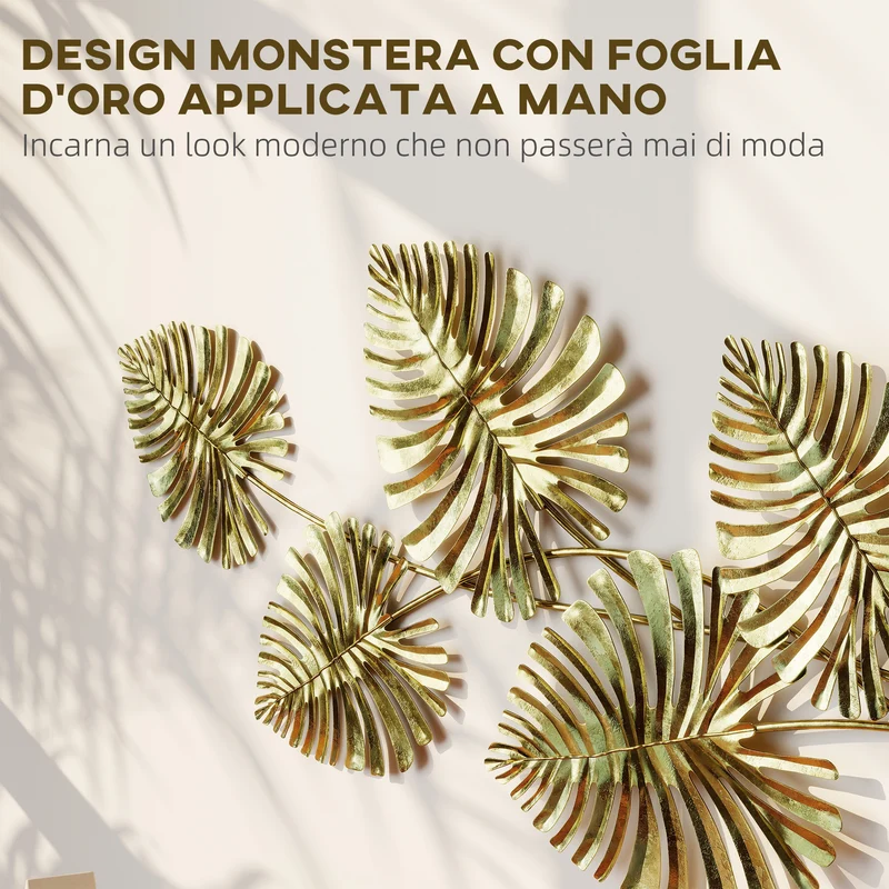 Decorazione Murale 3D 83x2,5x39 cm Wall Art Foglie di Monstera in Metallo Oro