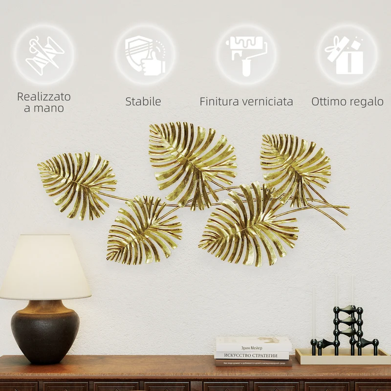 Decorazione Murale 3D 83x2,5x39 cm Wall Art Foglie di Monstera in Metallo Oro
